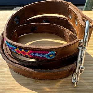 Light Brown Leather Leash w/ Bright woven embroidered colors